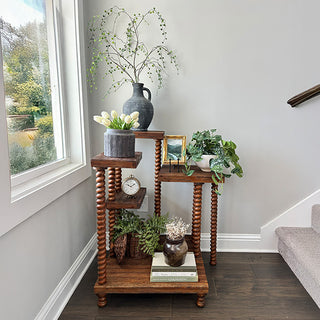 Rustic wooden plant stand by window home decor