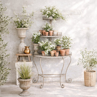 Decorative indoor setting with potted plants on a metal plant stand and shelves against a light gray wall.
