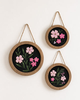 Hand-Painted Floral Wood Plaques with Jute Hangers, Set of 3
