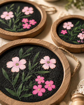 Hand-Painted Floral Wood Plaques with Jute Hangers, Set of 3