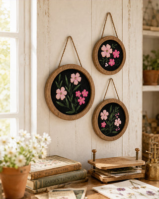 Hand-Painted Floral Wood Plaques with Jute Hangers, Set of 3
