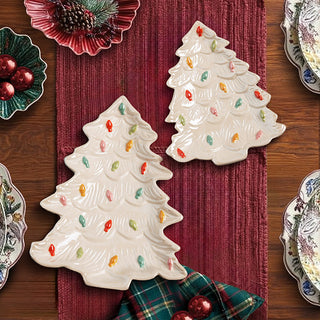 Ceramic Christmas tree serving trays on holiday table