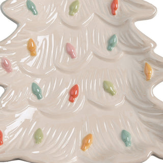 Close-up ceramic tree platter with colorful bulb accents