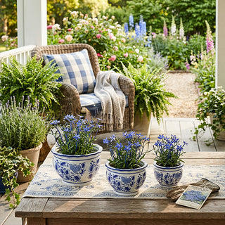 Set of three graduated octagonal planters with hand-painted blue designs