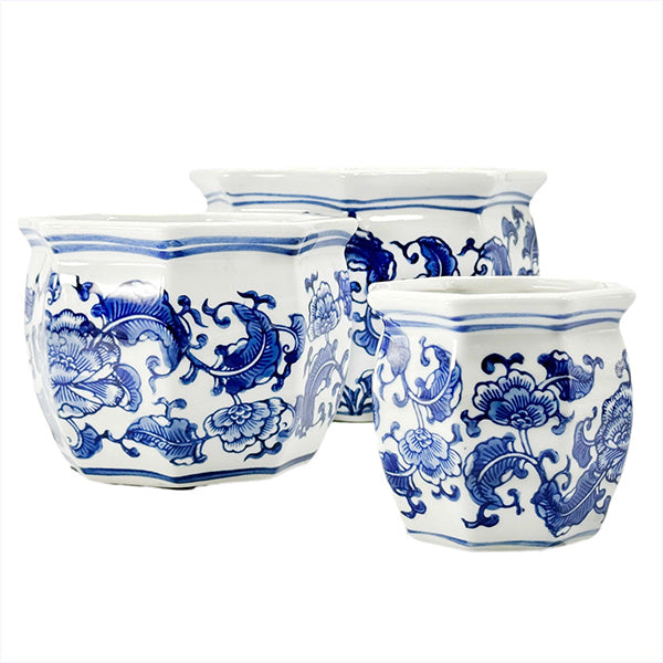white plant pots amazon Floral Blue and White Planter, Set of 3, Choose Your Style