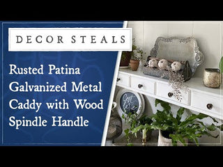 Rusted Patina Galvanized Metal Caddy with Wood Spindle Handle