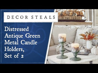 Distressed Antique Green Metal Candle Holders, Set of 2