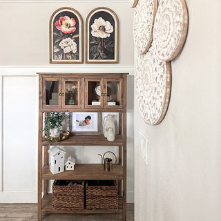 Farmhouse shelf styled with arched floral wall decor