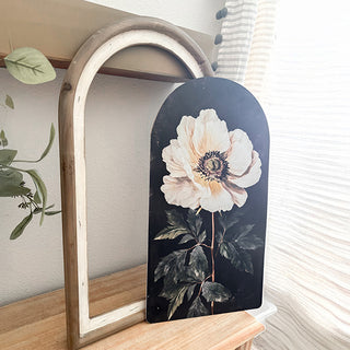 Arched floral wood wall art with white flower