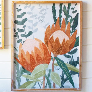 Single botanical protea framed wall art print with two orange protea blooms and eucalyptus greenery in natural wood frame