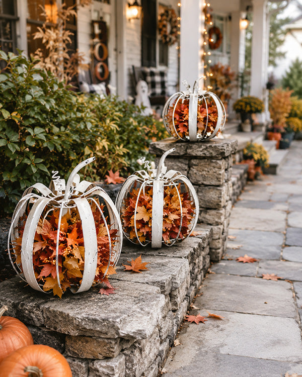 Indoor/Outdoor Distressed Handcrafted White Metal Pumpkins