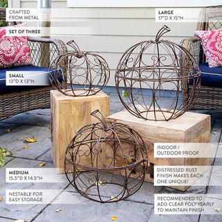 Set of three rustic metal pumpkin wire sculptures