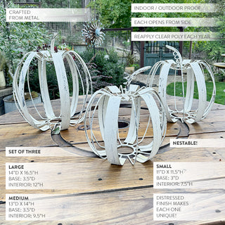 White metal pumpkin decor set of three in large, medium, and small sizes