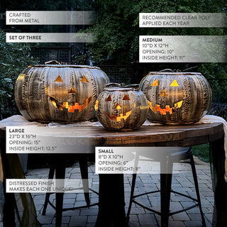 Set of three rustic metal jack-o'-lanterns