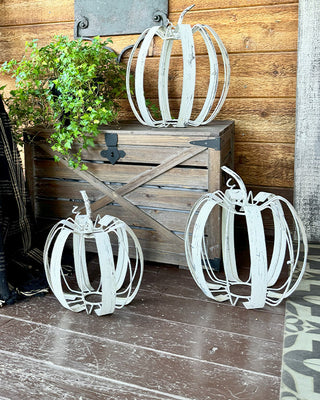 Indoor/Outdoor Distressed Handcrafted White Metal Pumpkins
