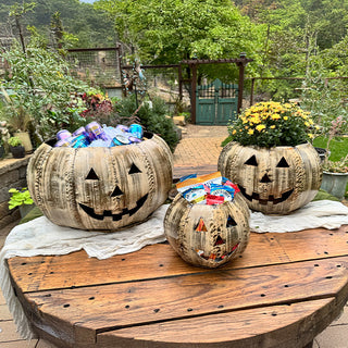 Trio of distressed metal jack-o'-lanterns