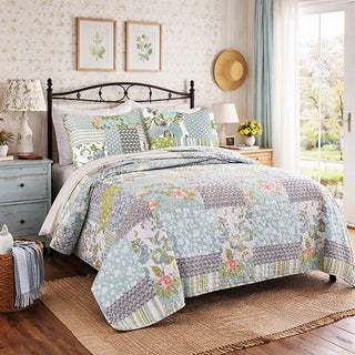 Floral patchwork quilt set aqua blue queen king bedding