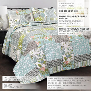 Cotton patchwork quilt set 3 piece reversible floral bedding