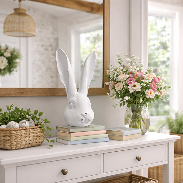 14 Inch Artisan Distressed White Bunny Head Sculpture