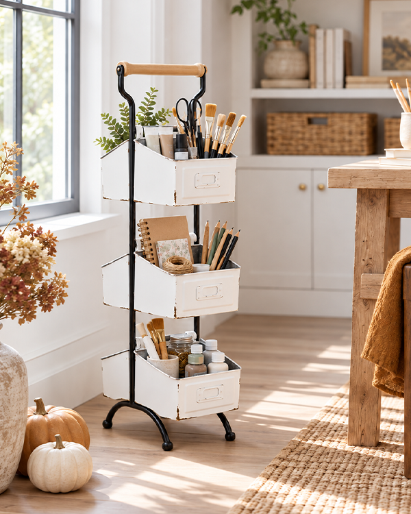 Vintage Distressed White Metal 3-Tier Storage Rack with Wood Handle