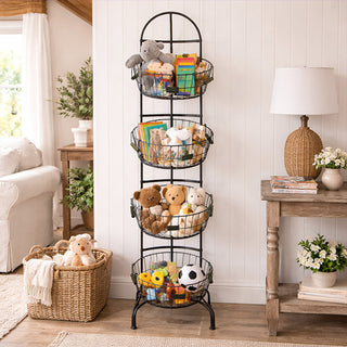 Tall 4-tier black metal basket floor stand filled with toys and stuffed animals in farmhouse living room