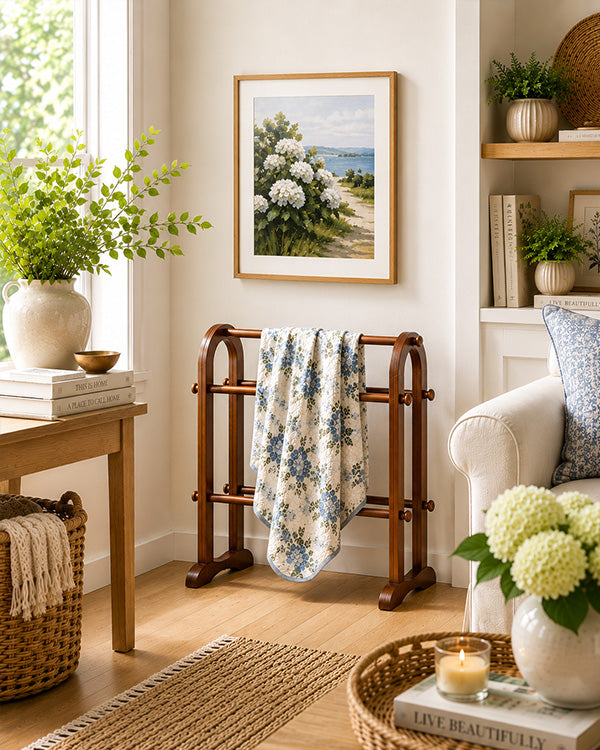 Arched Wood Blanket Rack Stand - Freestanding Quilt Display with 3 Dowel Bars