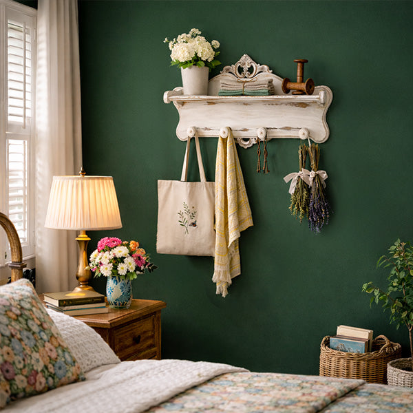 Distressed White Ornate French Country Wall Shelf with Hooks and Towel Bar