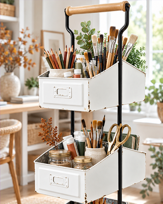 Vintage Distressed White Metal 3-Tier Storage Rack with Wood Handle