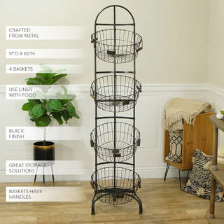 4-tier wire basket storage tower showing dimensions 17 inches deep by 65 inches tall with black finish and wooden handles