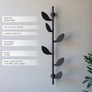 Black Iron Leaf Wall Hook Rack with 6 Hooks