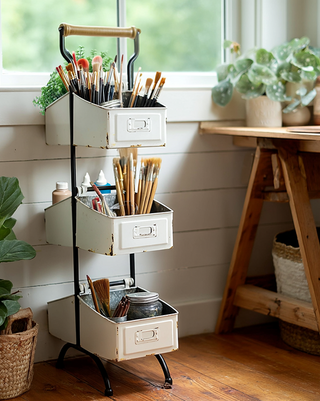 Vintage Distressed White Metal 3-Tier Storage Rack with Wood Handle