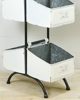 Vintage Distressed White Metal 3-Tier Storage Rack with Wood Handle