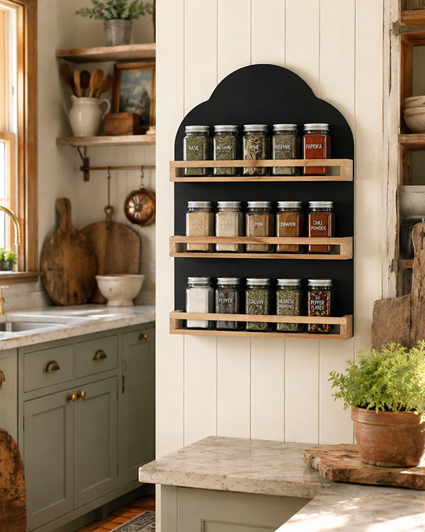 Farmhouse Spice Rack Wall Mount - Chalkboard Back 3 Tier Wood Shelf Kitchen Organizer