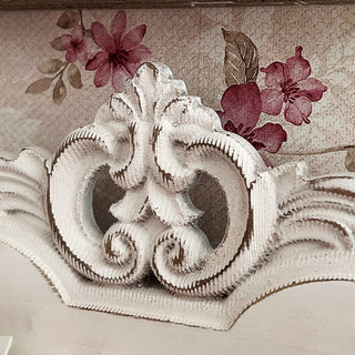 Vintage style white wall shelf with hooks and wooden dowel rods side view