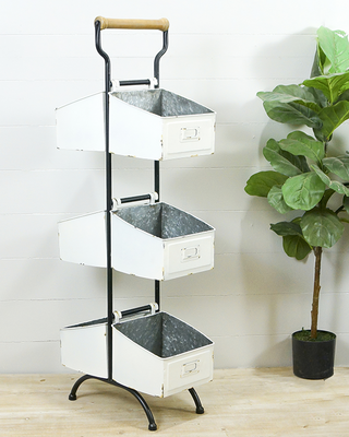 Vintage Distressed White Metal 3-Tier Storage Rack with Wood Handle