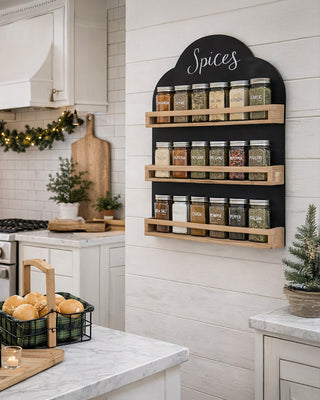 Farmhouse Spice Rack Wall Mount - Chalkboard Back 3 Tier Wood Shelf Kitchen Organizer