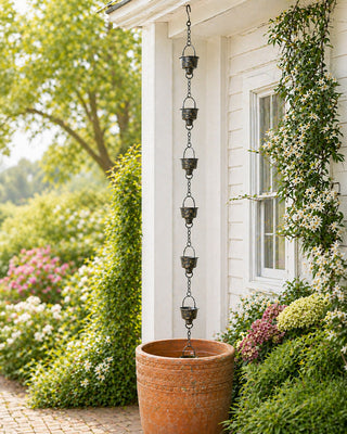 Metal rain chain with patina finish hanging from gutter
