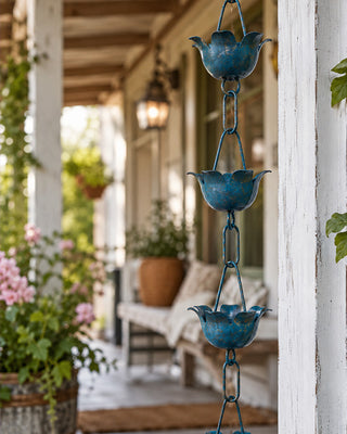 Blue Patina Metal Flower Rain Chain 72 Inch Outdoor Garden Downspout Decor