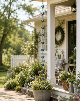 Blue Patina Metal Flower Rain Chain 72 Inch Outdoor Garden Downspout Decor