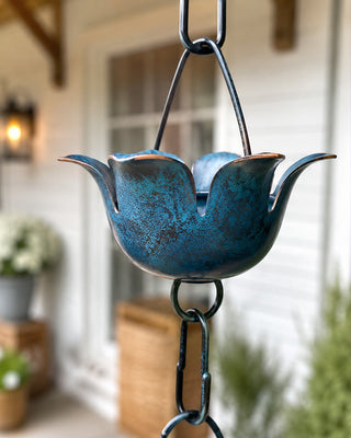Blue Patina Metal Flower Rain Chain 72 Inch Outdoor Garden Downspout Decor