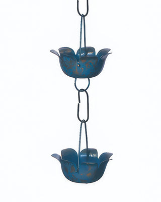 Blue Patina Metal Flower Rain Chain 72 Inch Outdoor Garden Downspout Decor