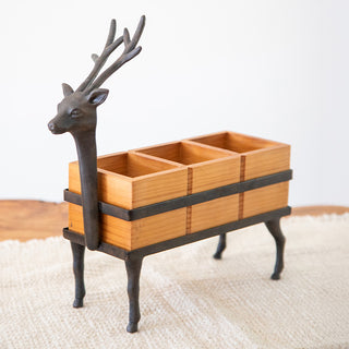 Cast Iron Reindeer Utensil Caddy with Wood Compartments | Christmas Kitchen Organizer
