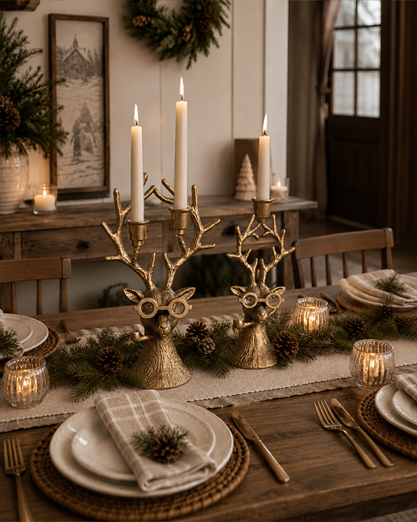 Reindeer in Glasses Candle Holders, Set of 2