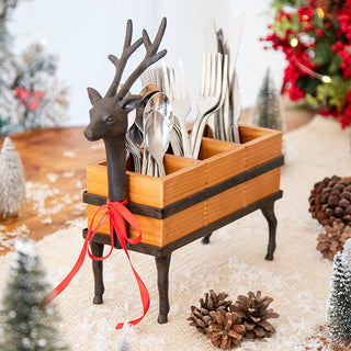 Cast Iron Reindeer Utensil Caddy with Wood Compartments | Christmas Kitchen Organizer