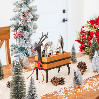 Cast Iron Reindeer Utensil Caddy with Wood Compartments | Christmas Kitchen Organizer