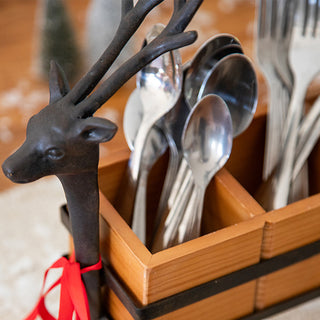 Cast Iron Reindeer Utensil Caddy with Wood Compartments | Christmas Kitchen Organizer
