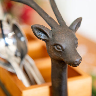 Cast Iron Reindeer Utensil Caddy with Wood Compartments | Christmas Kitchen Organizer