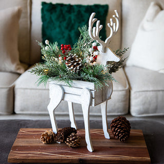 LED Light Up Wooden Reindeer Planter with Holiday Greenery Decor, Choose Your Style