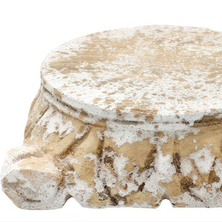 Pair of decorative resin pedestal risers with carved scroll detail and whitewashed finish