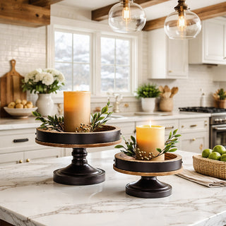 Rustic farmhouse candle holders on kitchen island decor